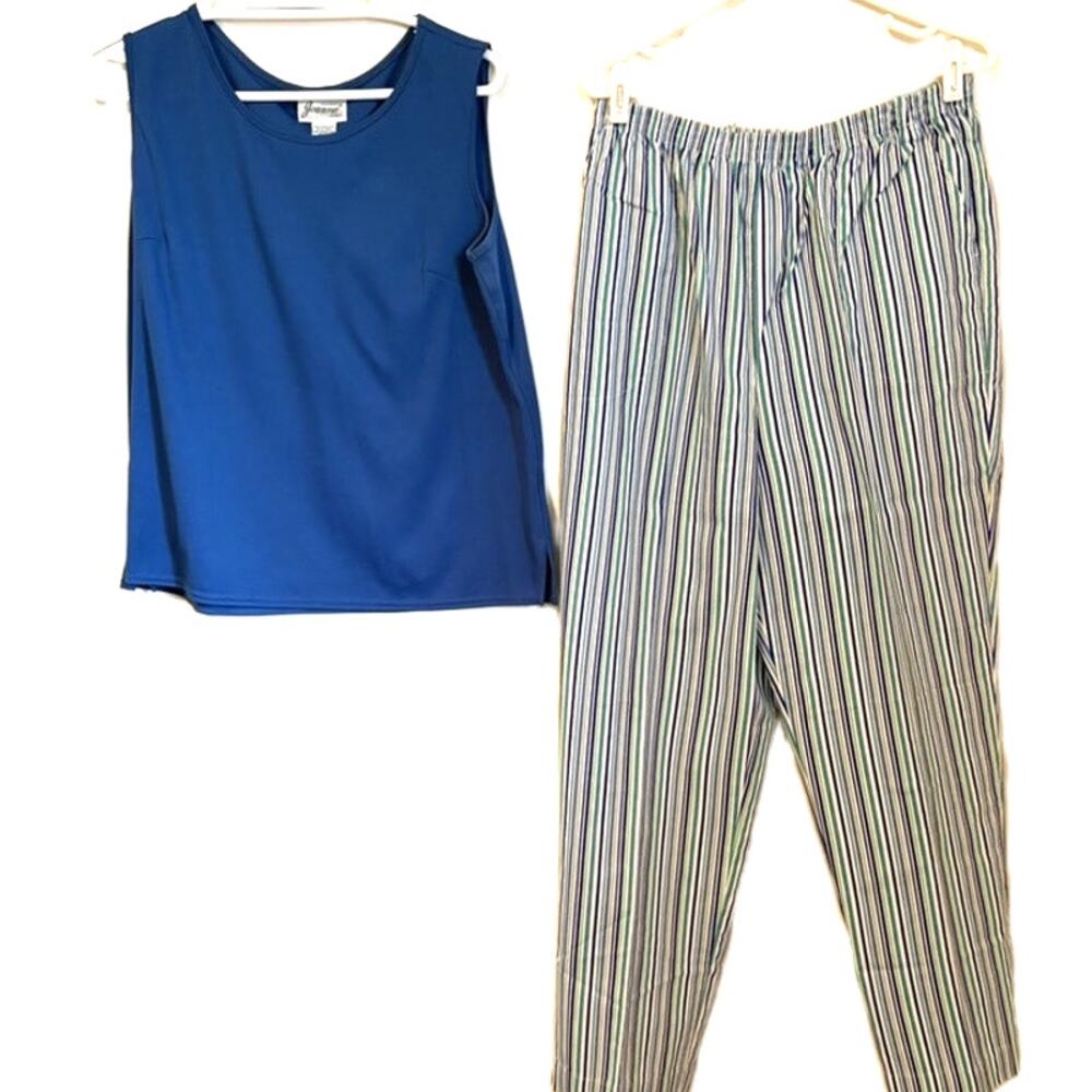 Women's Joanna & Blair 2-Piece Blue Tank Top & Striped Lounge Pants Set L/16